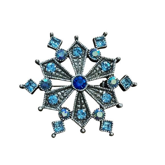 Vintage Y2K silver snowflake brooch blue rhinestones ornate pin no hallmarks - Picture 1 of 5